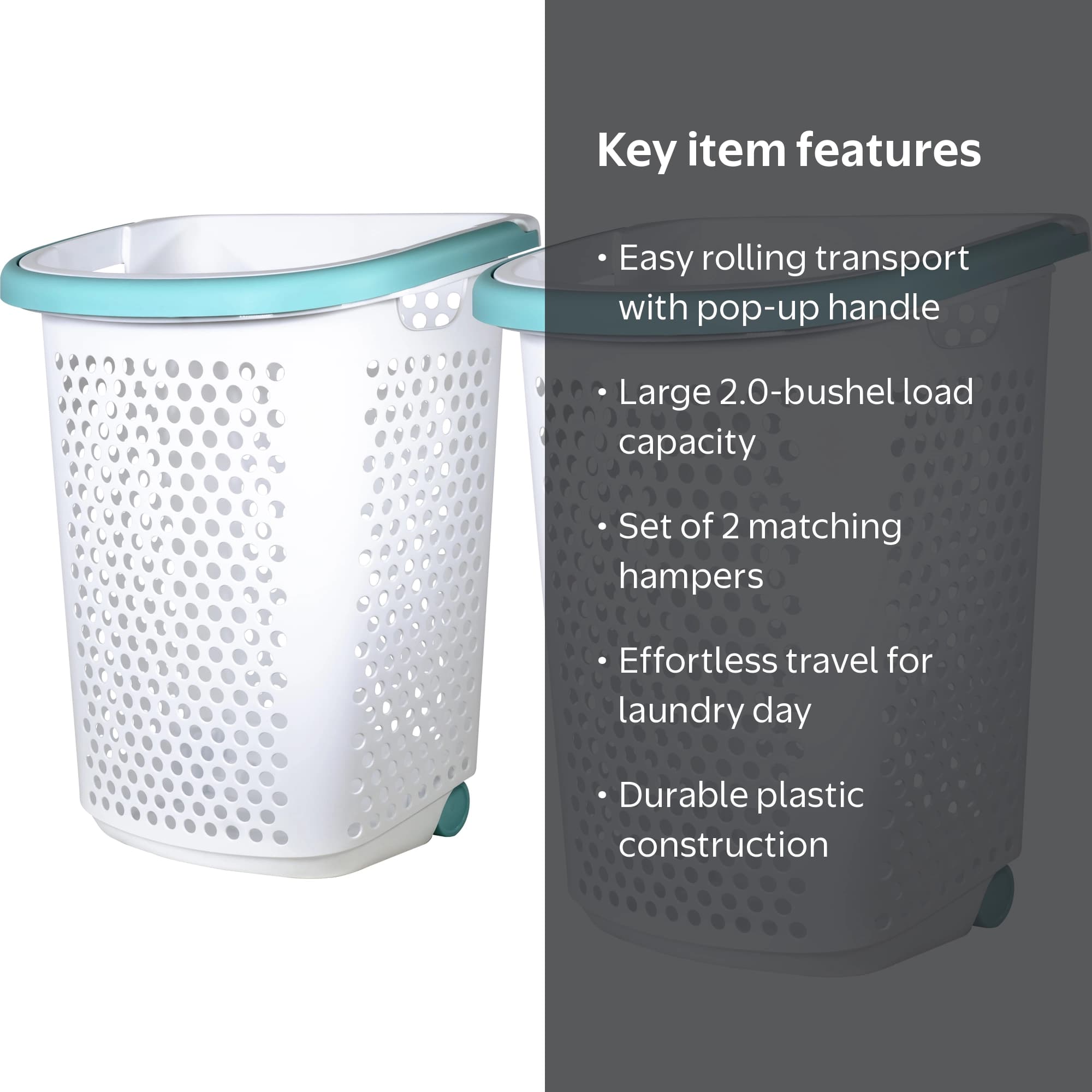 Home Logic 2 Bushel Rolling Plastic Laundry Hamper with Pop-up Handle, White, 2 Pack - Image 2