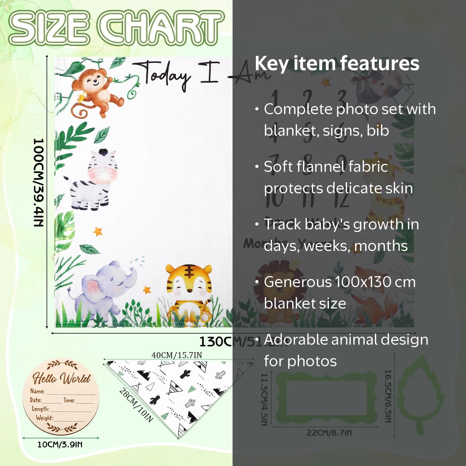 KABOER Milestone Blanket for Baby Boy, 60"x40" Animals Monthly Milestone Blanket, Baby Month Blanket, Newborn Photography Background with Wooden Signs, Frames, Bandana - Image 3