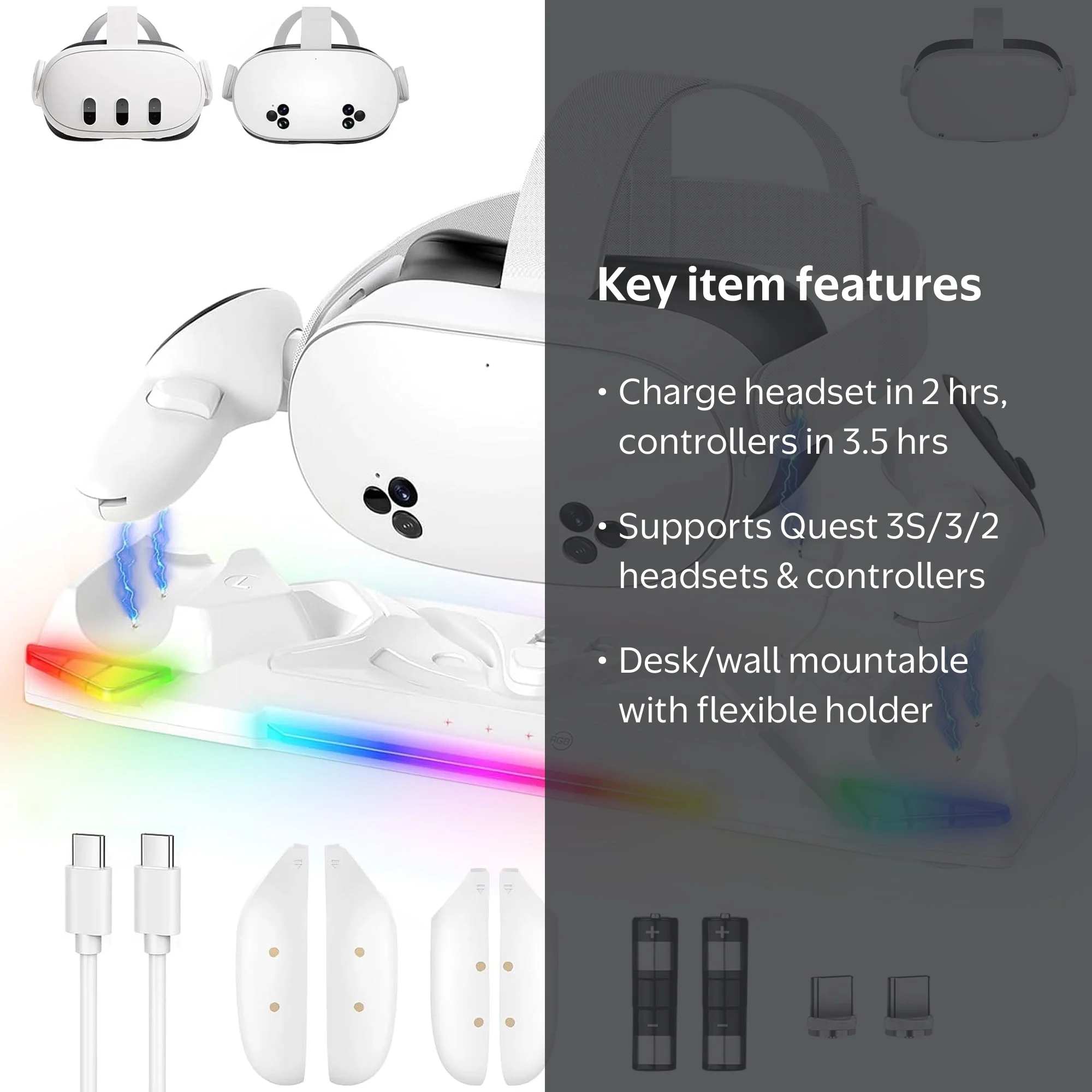 Charging Dock for Oculus Quest 3S/3/2, 30W Fast Magnetic Charger Station Stand for Meta Quest 3S/3 Accessories, with RGB Light, 2 Rechargeable 2100mAh Batteries & Covers for Headset/Controller - Image 2