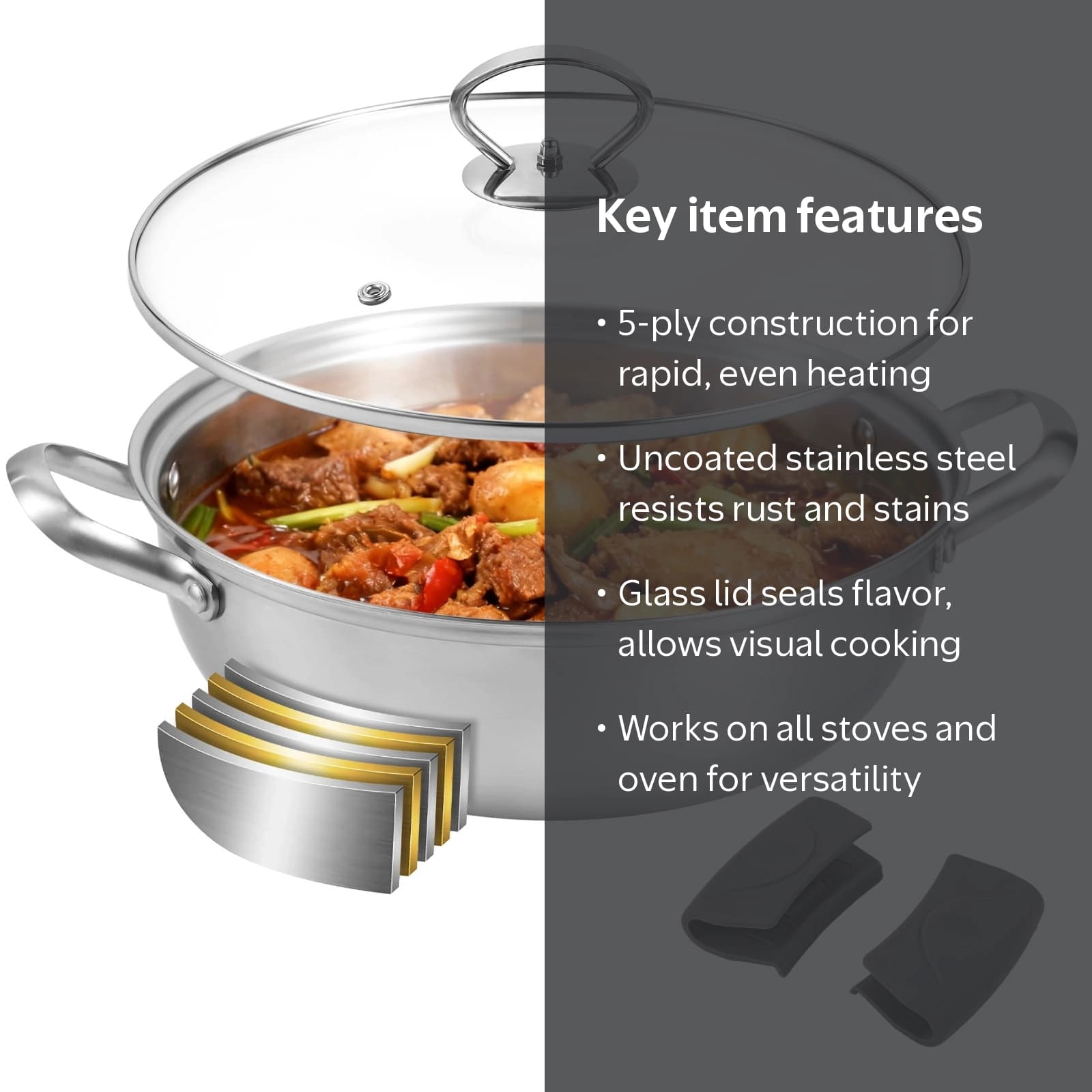 5-Ply Stainless Steel Saute Pan, Stock Pot with Clear Glass Lid, Uncoated Cooking Pot with Scald-proof Silicone Handle Cover, Deep Frying Pan for Induction, Oven, Gas, Dishwasher Safe - Image 2