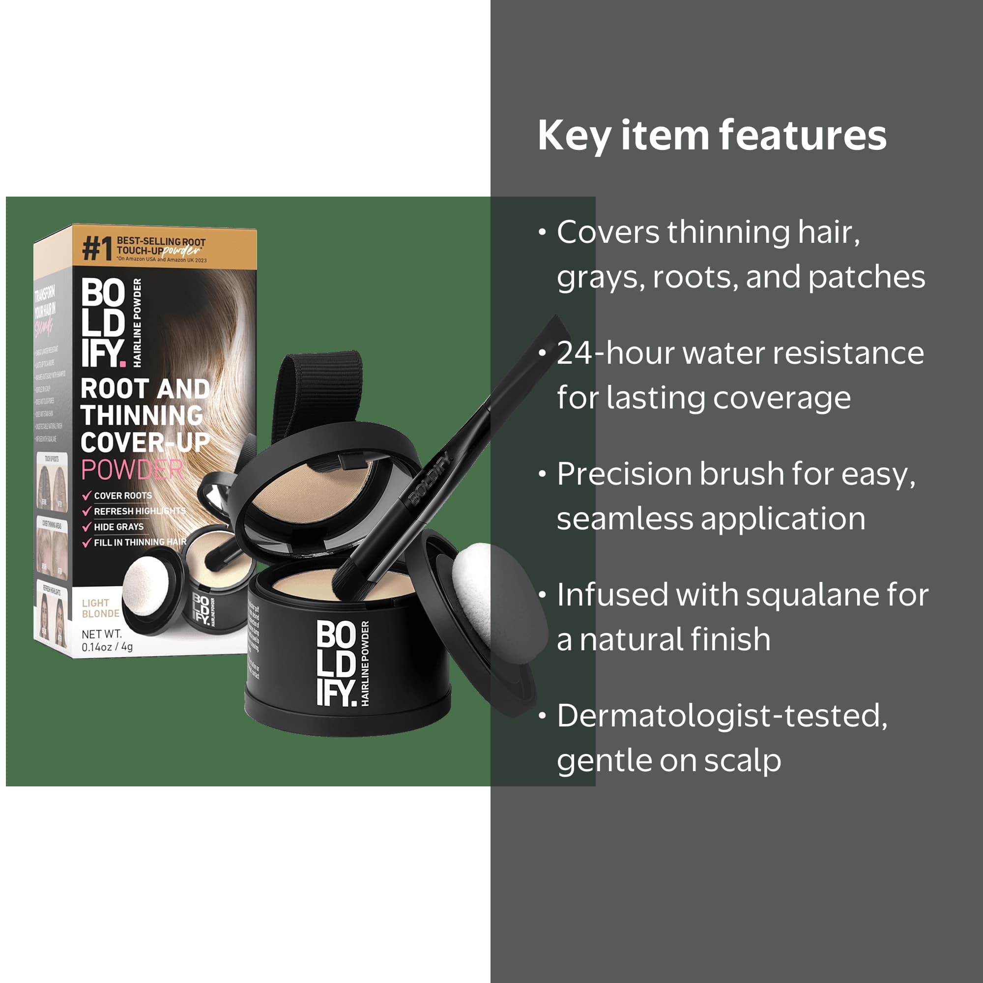 BOLDIFY Root Touch Up Powder with Brush, Covers Thinning Hair & Grays, Water-Resistant, Light Blonde, 4g - Image 3