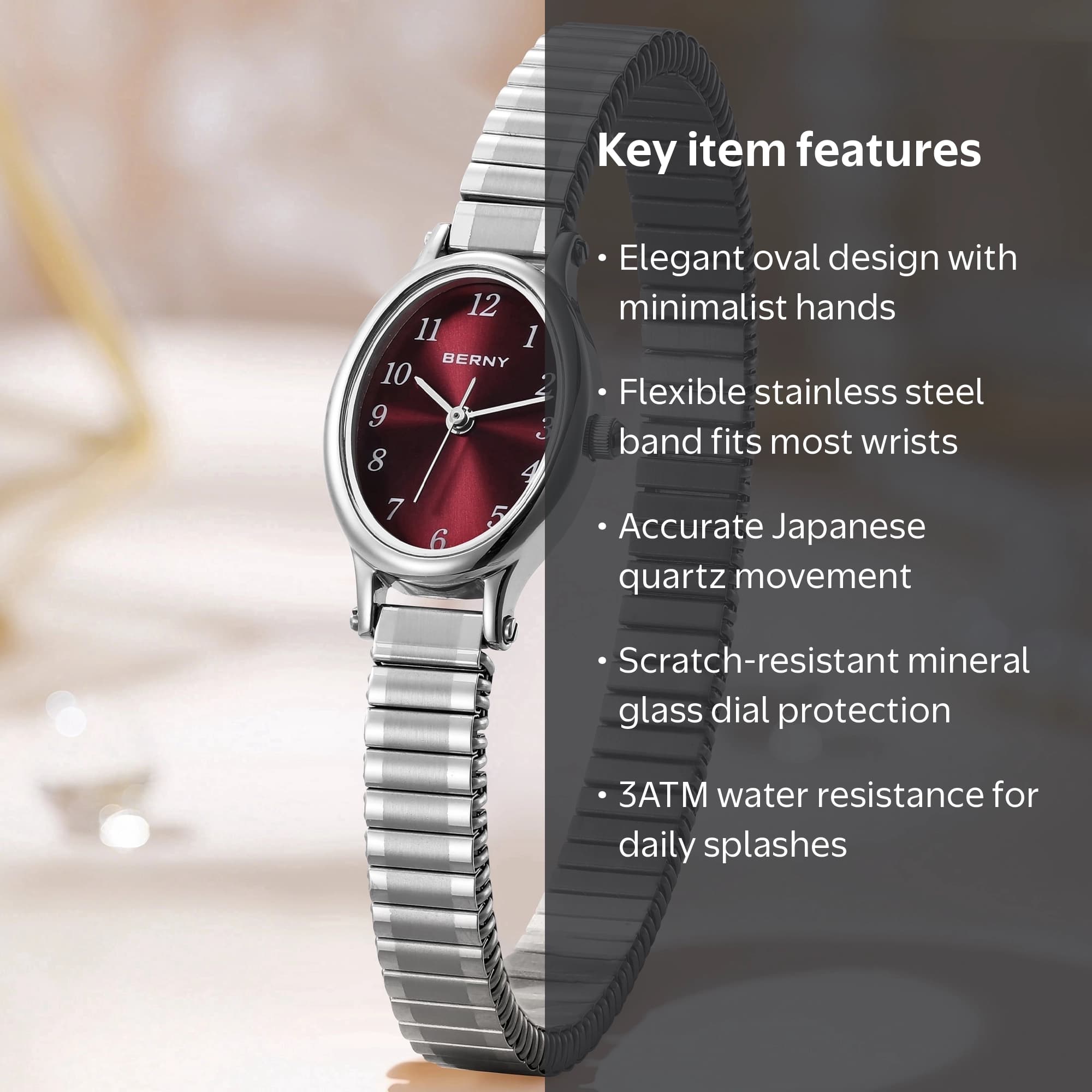 BERNY Small Silver Watches for Women, Dainty Luxury Oval Dial, Expansion Band Watch, Fashion Ladies Analog Quartz Watch, Waterproof Women Wristwatch Gifts, Red - Image 2