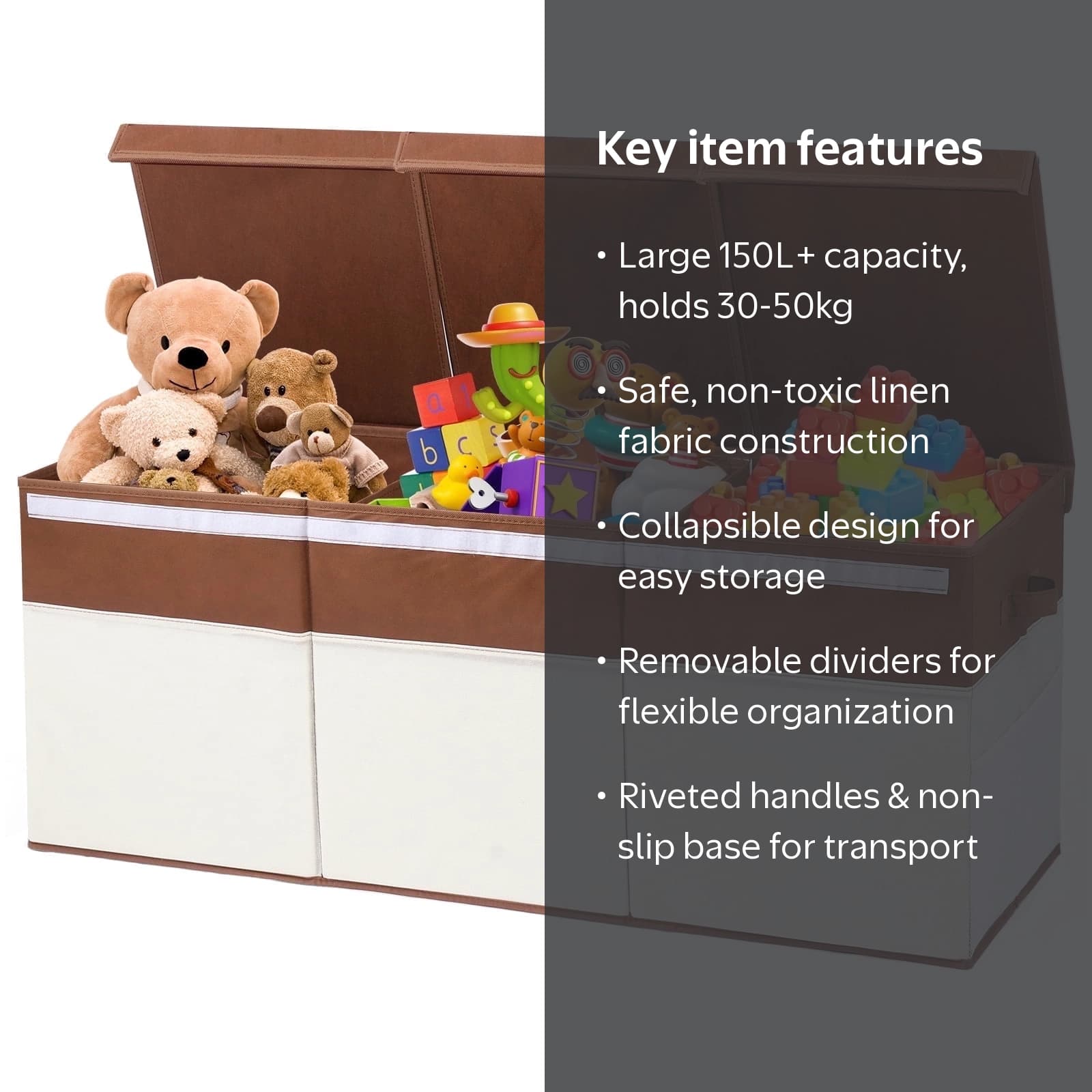 FIIOEOY Extra Large Collapsible Toy Storage Box with Lid, Divider & Mesh Pockets, 40”x14”x16”, White & Brown - Image 2