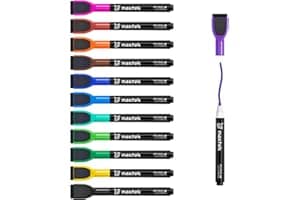 maxtek Marcadores Magnéticos para Pizarra Blanca - Paquete de 12 Marcadores Coloridos de Punta Fina para Borrado en Seco con Borrador para Niños, Marcadores Delgados de Bajo Olor
