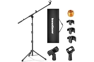 InnoGear Microphone Stand, Tripod Boom Arm Floor Mic Stand Height Adjustable Heavy Duty with Carrying Bag 2 Mic Clips 3/8" to