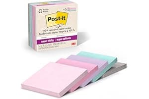 Post-it 100% Recycled Paper Super Sticky Notes, 3 in. x 3 in., 5 Pads, 70 Sheets per Pad, Wanderlust Pastels, New Year Organi