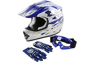 DOT Youth Kids Motocross Offroad Street Dirt Bike Helmet Youth Motorcycle ATV Helmet with Goggles Gloves Blue Flame M