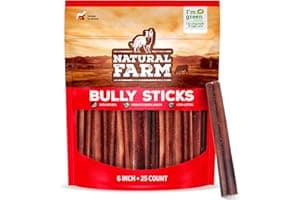 Natural Farm Odor-Free Bully Sticks (6 Inch, 25 count),1.3 lb. Bag, Fully Digestible 100% Beef Pizzle Chews,Grass-Fed, Non-GM