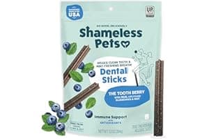 Shameless Pets Chews Dentales de Arándano y Menta para Perros, 8 Chews - Golosinas Naturales para Limpiar los Dientes de los Perros con Beneficios para un Aliento Fresco