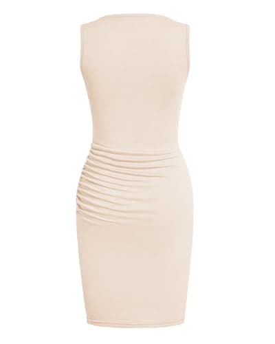 BTFBM Women Summer Dresses 2025 Fall Sleeveless Tank Crew Neck Casual Ruched Bodycon Party Club Beach Short Mini Dress(Light Apricot,Large) - Image 7