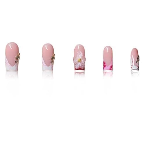 French Tip Press on Nails Long Square Fake Nails Red Acrylic Press on Flowers Artificial Nail With Designs Stick on Nail for Women 24pcs - Image 4