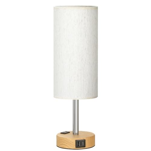 Fenmzee Bedside Table Lamp for Bedroom - 3 Way Dimmable Touch Lamp USB C Charging Ports and AC Outlet, Small Lamp Wood Base Round Flaxen Fabric Shade for Living Room, Desk, LED Bulb Included - Image 8