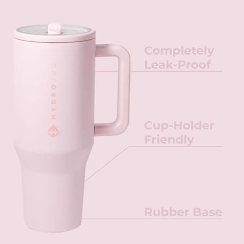 HydroJug Traveler - 40 oz Water Bottle with Handle & Flip Straw - Fits in Cup Holder, Leak Resistant Tumbler-Reusable Insulated Stainless Steel & Rubber Base - Gifts for Women & Men, Pink Sand - Image 2