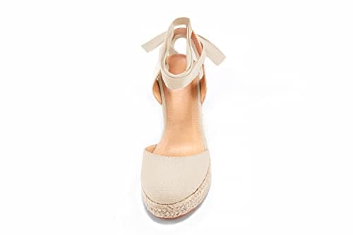 Ermonn Womens Espadrilles Wedge Sandals Platform Closed Toe Ankle Strap Lace Up Slingback Summer Shoes Nude - Image 6