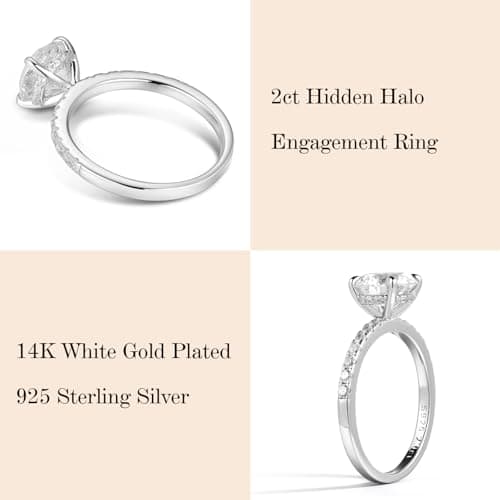 SMILEST 2ct Engagement Rings for Women, 14K White Gold Plated Solid 925 Sterling Silver Hidden Halo Engagement Ring for Women Promise Rings for Her Solitaire Sterling Silver Ring Size 7 - Image 2