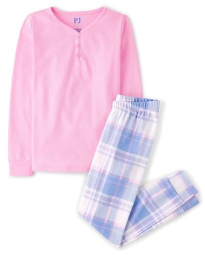 The Children's Place,Girls,100% Cotton Long Sleeve Top and Pants, 2 Piece Pajama Set,Pink Purple Plaid,10