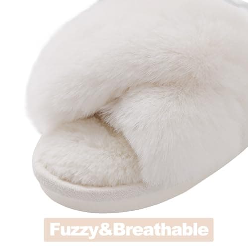 Evshine Women's Fuzzy Slippers Cross Band Memory Foam House Slippers Open Toe Indoor Outdoor Shoes, White, 38-39 (Size 7-8) - Image 3