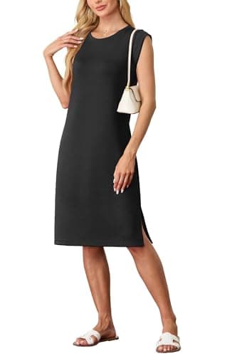 GRECERELLE Womens Summer Casual Loose Beach Split Midi Dress with Pockets (Medium, Black)