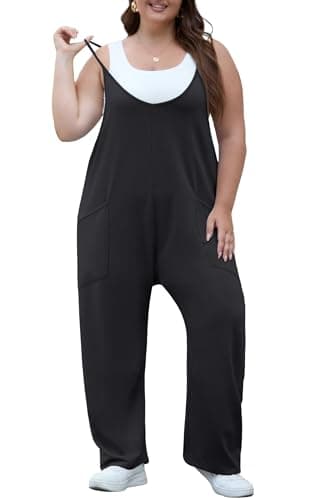 OLRIK Plus Size Black Jumpsuit for Curvy Women Long Loose Fit Rompers For Seniors Casual Overalls With Pockets Summer Outfits Black-3X - Image 5