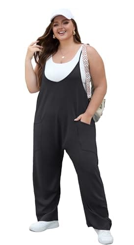 OLRIK Plus Size Black Jumpsuit for Curvy Women Long Loose Fit Rompers For Seniors Casual Overalls With Pockets Summer Outfits Black-3X - Image 2
