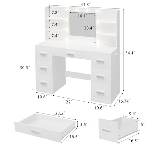 Furmax Vanity Desk with Mirror, LED Lights and Power Outlet Makeup Vanity Table with 7 Drawers and 6 Storage Shelves Dressing Table for Bedroom Dressing Room (White) - Image 7