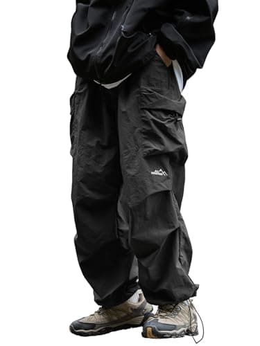 Mens's Baggy Cargo Pants Casual Parachute Pants Loose Fit Hip Hop Harme Lightweight Water Resistant Pants with Pockets Black