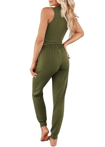 KIRUNDO 3 Piece Lounge Sets for Women Airplane Travel Outfits 2025 Fall Cardigan Sleeveless Top Pants Sets Matching Clothing(Army Green, X-Large) - Image 2