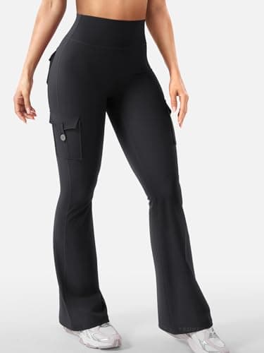 YEOREO CoreFlex Women Workout Flare Leggings with Pockets Hidden Scrunch High Waisted Cargo Gym Yoga Leggings Black M - Image 4