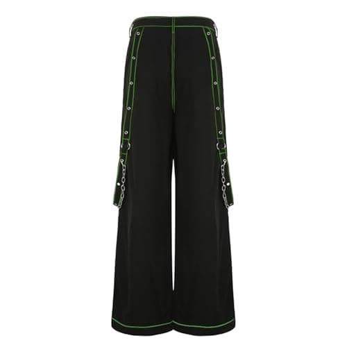Women Emo Goth Baggy Pants Hip Hop Jeans Y2K Punk Scene High Waisted Wide Leg Denim Pants Streetwear (Green, M) - Image 3