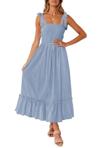 ZESICA Women's 2025 Summer Boho Spaghetti Strap Square Neck Solid Color Ruffle A Line Beach Long Maxi Dress,Blue,X-Large