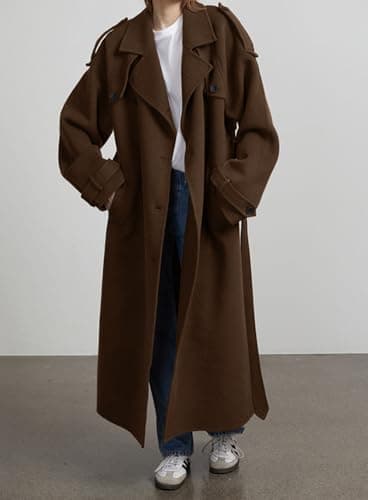 chouyatou Women's Winter Double Breasted Wool Coat Long Sleeve Notch Lapel Midi Long Winter Trench Coat with Belt (Medium, Brown) - Image 2