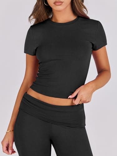 ANRABESS Lounge Sets for Women 2 Piece Foldover Yoga Flare Leggings Pants Crop Tops Casual Y2K Outfits Matching Tracksuit Set Black Small - Image 5