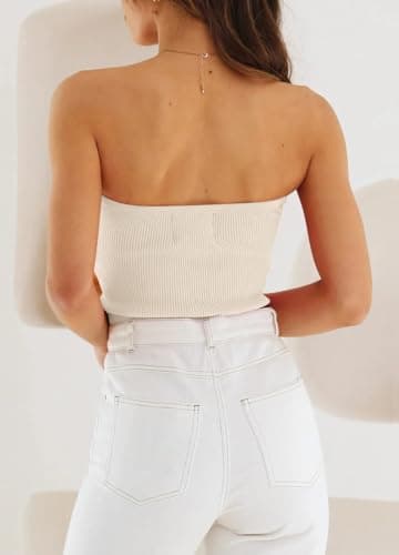 EFAN Womens Tube Tops Summer Sweater Twist Knot Front Knit Bandeau Strapless Ribbed Sleeveless Y2K Corset Crop Top Apricot M - Image 3