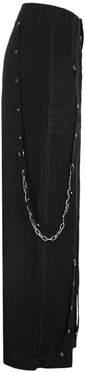 Women Vintage Goth Hip Hop Jeans Punk High Waisted Baggy Bootcut Jeans Strap Chain Striped Wide Leg Denim Pants Black Small - Image 5