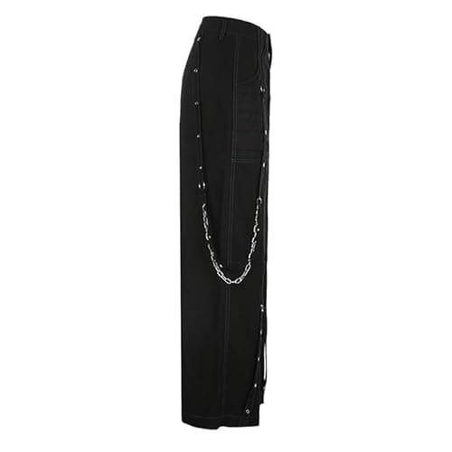 Kodaruber Women Vintage Goth Hip Hop Jeans Punk High Waisted Baggy Bootcut Jeans Strap Chain Striped Wide Leg Denim Pants(Black,Small) - Image 4