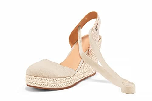 Ermonn Womens Espadrilles Wedge Sandals Platform Closed Toe Ankle Strap Lace Up Slingback Summer Shoes Nude - Image 7