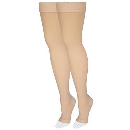 Amazon Basic Care Medical Compression Stockings, 20-30 mmHg Support, Women & Men Thigh Length Hose, Open Toe, Beige, Medium (Previously NuVein) - Image 3
