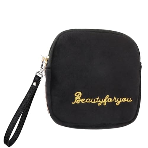 Adorable Pink Peri - Reusable Sanitary Napkin Pads Storage Bag Portable for Women Girls | Soft Touch Velvet with Matching Open Clip Lanyard | Reusable | Zero Waste Period (Black Velvet)