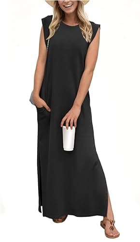 GRECERELLE Women's Summer Casual Loose Split Long Maxi Sun Dress with Pockets (Medium, Black)