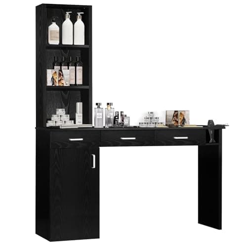 4ever2buy Barber Station for Hair Stylist, Salon Wall Station with Barber Cabinet, Hair Stations Equipment Hair Dryer Holder, Drawers, Wall Mount Barber Beauty Station, Mirror not Included, Black - Image 2