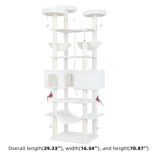 71in Multifunctional Multi-Level Cat Tree Tower for Indoor Cats,Cat Tree with Hammock,2 Condos,2 Hanging Baskets,2 Feather Toys,3 Perches,5 Hanging Balls,7 Scratching Posts,Beige - Image 2