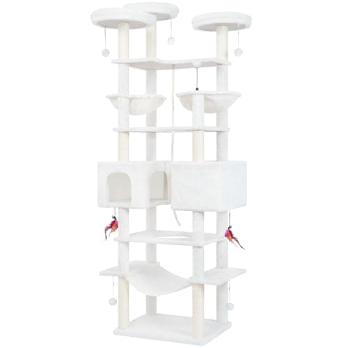 71in Multifunctional Multi-Level Cat Tree Tower for Indoor Cats,Cat Tree with Hammock,2 Condos,2 Hanging Baskets,2 Feather Toys,3 Perches,5 Hanging Balls,7 Scratching Posts,Beige - Image 8