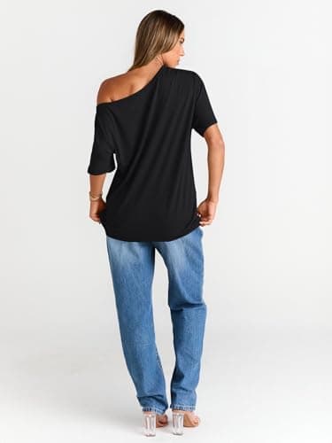Trendy Queen Womens Off The Shoulder Tops Oversized T-Shirts Short Sleeve Tees Summer 2025 Casual Spring Fashion Clothes Black M - Image 4