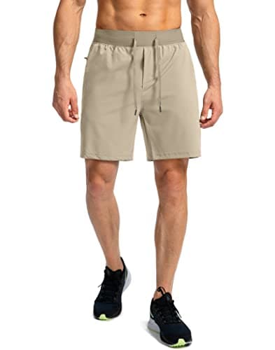 Men's Running Shorts with Zipper Pockets 7 Inch Lightweight Quick Dry Gym Athletic Workout Shorts for Men (Khaki, L) - Image 2