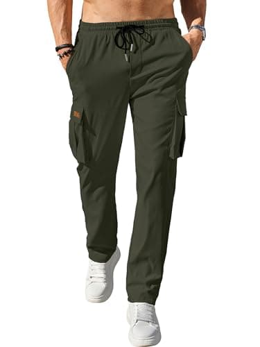 Comdecevis Men's Casual Cargo Pants Workout Joggers Stretch Sweatpants Hiking Drawstring Tactical Pants with Multi Pockets Army Green - Image 2