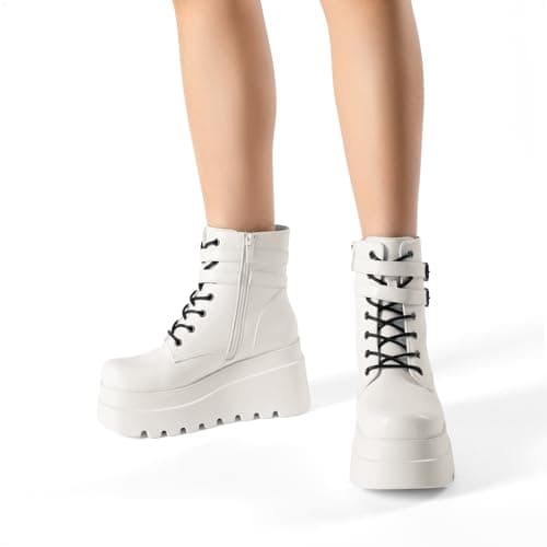 DREAM PAIRS Women Platform Combat Ankle Boots Goth Chunky High Heel Lace Up Motorcycle Booties,Size 9,White,DWUMAB2519 - Image 7