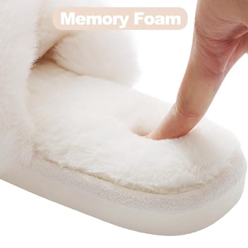 Evshine Women's Fuzzy Slippers Cross Band Memory Foam House Slippers Open Toe Indoor Outdoor Shoes, White, 38-39 (Size 7-8) - Image 5