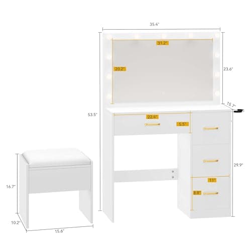 DWVO LED Makeup Vanity Table with 3 Light Modes, 4 Storage Drawers, Built-in Power Outlets & Hairdryer Holder, Dressing Table with Cushioned Stool - Image 5