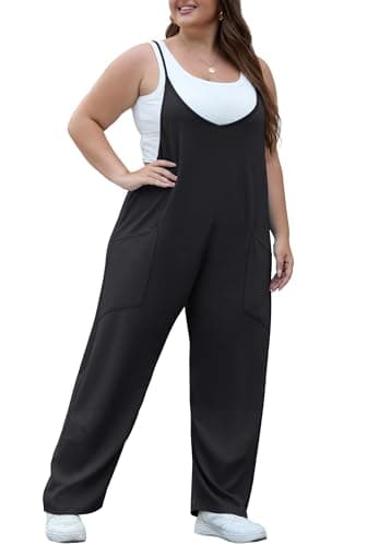 OLRIK Plus Size Black Jumpsuit for Curvy Women Long Loose Fit Rompers For Seniors Casual Overalls With Pockets Summer Outfits Black-3X - Image 3