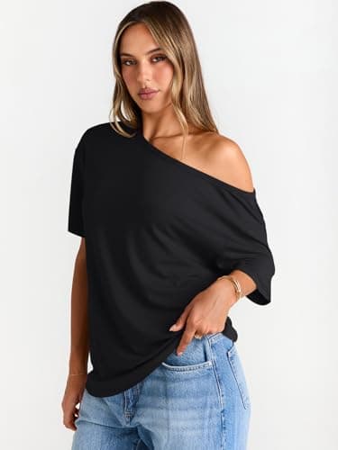 Trendy Queen Womens Off The Shoulder Tops Oversized T-Shirts Short Sleeve Tees Summer 2025 Casual Spring Fashion Clothes Black M - Image 3